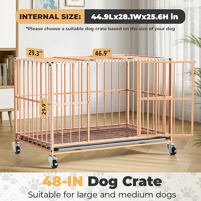 48 in Orange Heavy Duty Dog Crate Steel Escape Proof, Indoor Double Doors and Lockable Wheels,Removable Tray, for Medium and Large Large Dog Breeds,XL,XXL