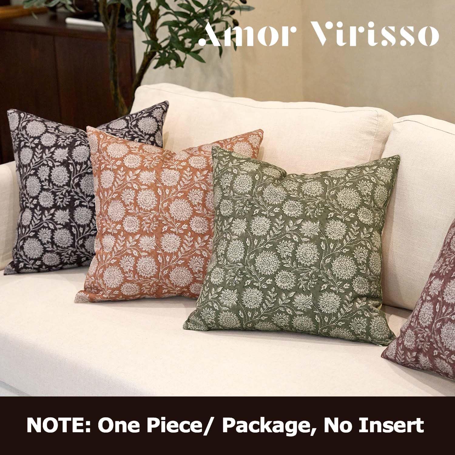 Amor Virisso Floral Throw Pillow Covers 20x20 Block Print Pillow Covers Vintage Neutral Couch Pillows for Living Room Farmhouse Decorative Accent Sofa Pillows, Brownish Orange
