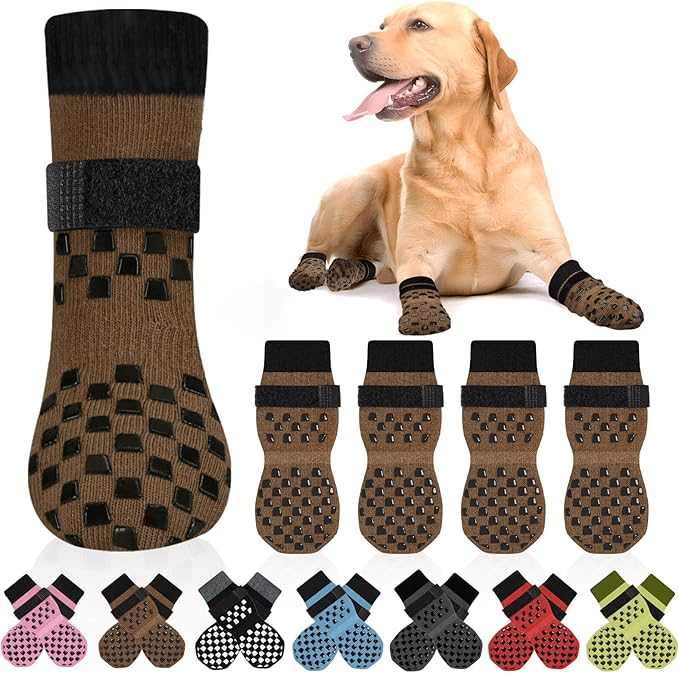 Non Slip Dog Socks to Prevent Licking Paws Grippy Socks for Senior Dog on Hardwood Floors Anti Slip Dog Socks for Hot Pavement Double Side Paw Protector Prevent Scratching Brown XXL