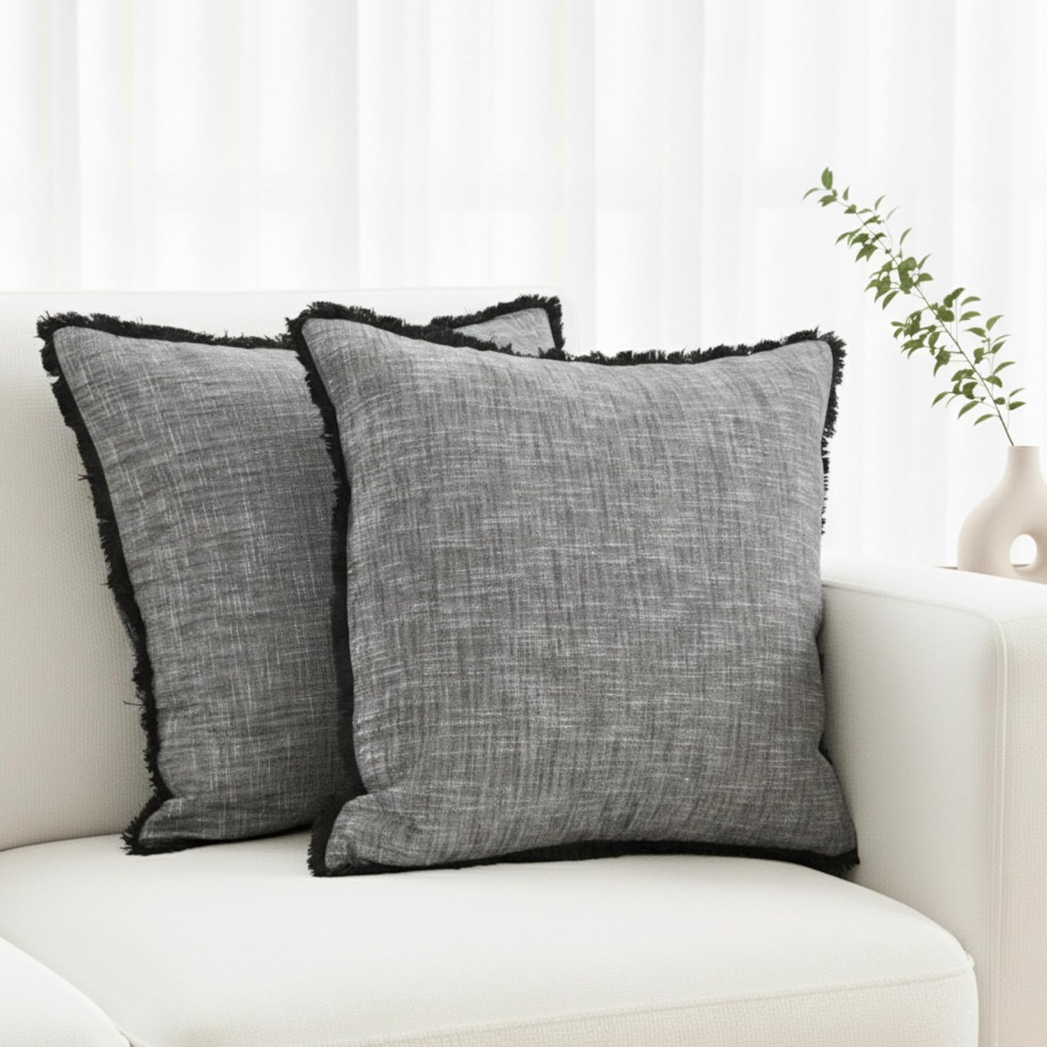 18×18 Grey Textured Cotton Throw Pillow Covers with Decorative Fringe Boho Farmhouse Cushion Cover with Tassels Linen Like Accent Pillowcases for Bed Couch Chair Sofa Living Room, Set of 2