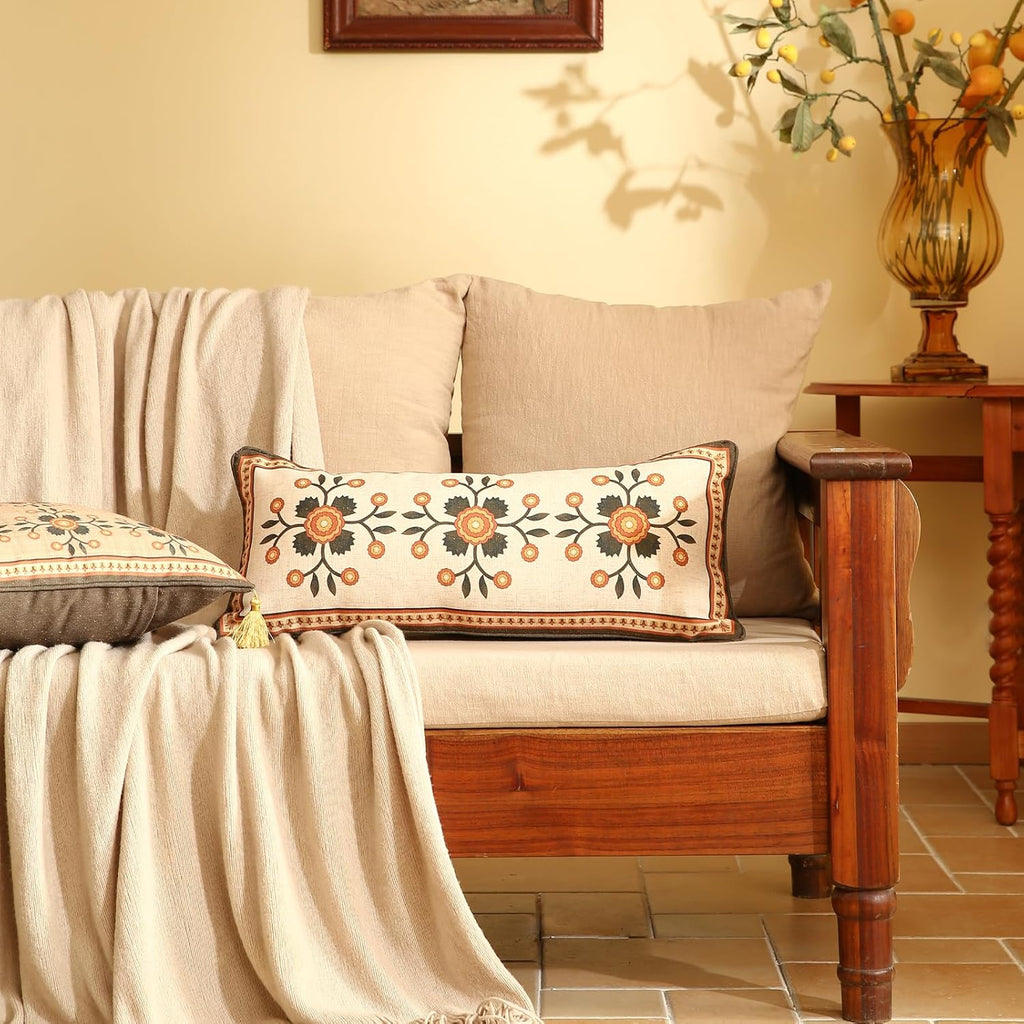 Brown Throw Pillow Covers Set of 2,Floral Farmhouse Linen Accent Pillows Cover for Couch Throw Pillows Case,Decorative Lumbar Pillows for Couch Sofa Bed Chair Cushion Covers 12"x20"