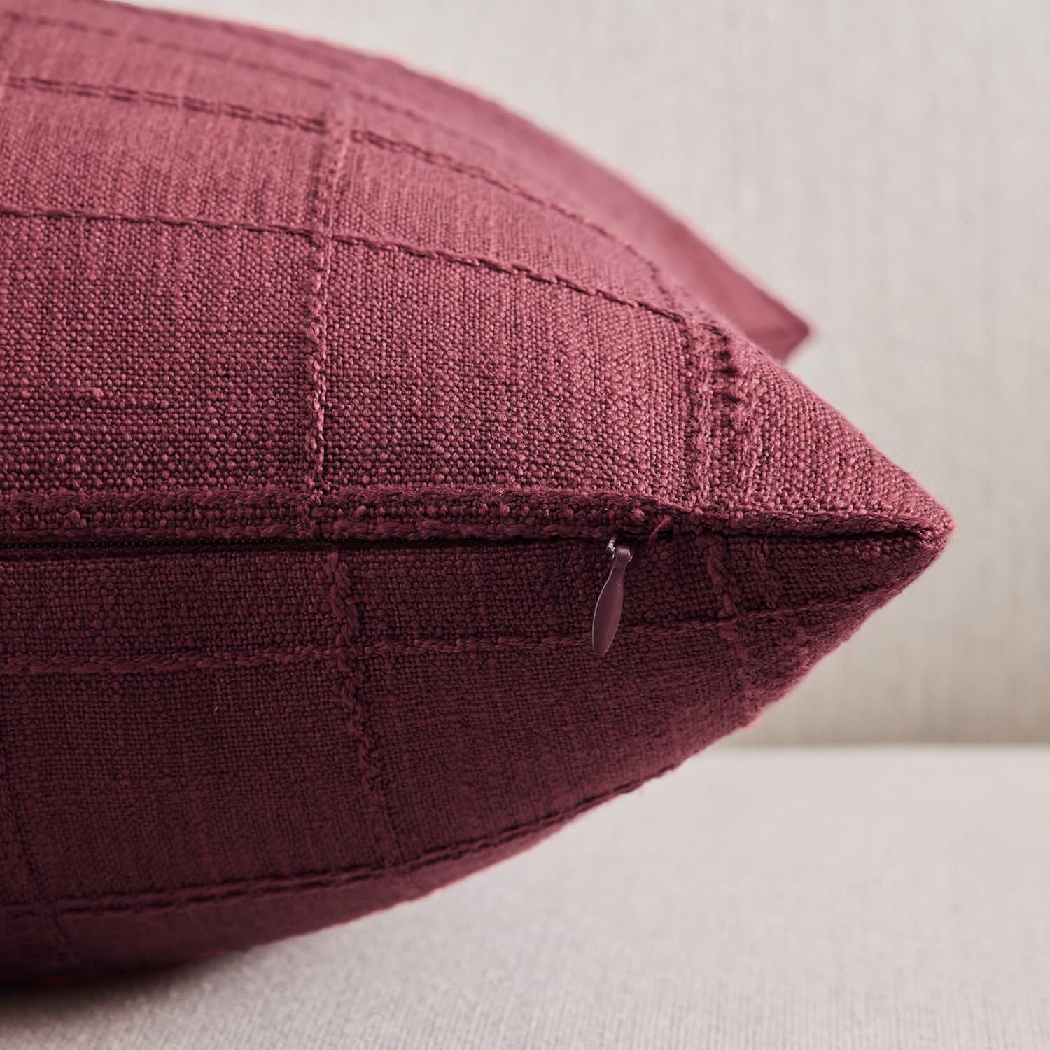 ZeeMart Linen Checked Lumbar Throw Pillow Covers Set of 2, 12x20 Inch Allover Grid Burgundy, Farmhouse Decorative Double Sided Grid Embroidered Couch Pillow Cases Red Cotton Linen Cushion Covers