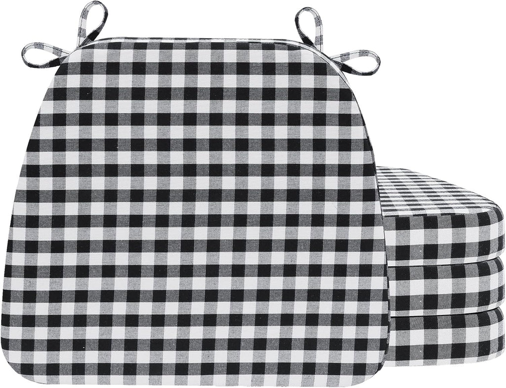 AAAAAcessories D-Shaped Chair Cushions, 2" Thick Dining Chair Pads with Ties and Removable, Machine-Washable Cover, 17" x 16", Set of 4, Checkered Black/White