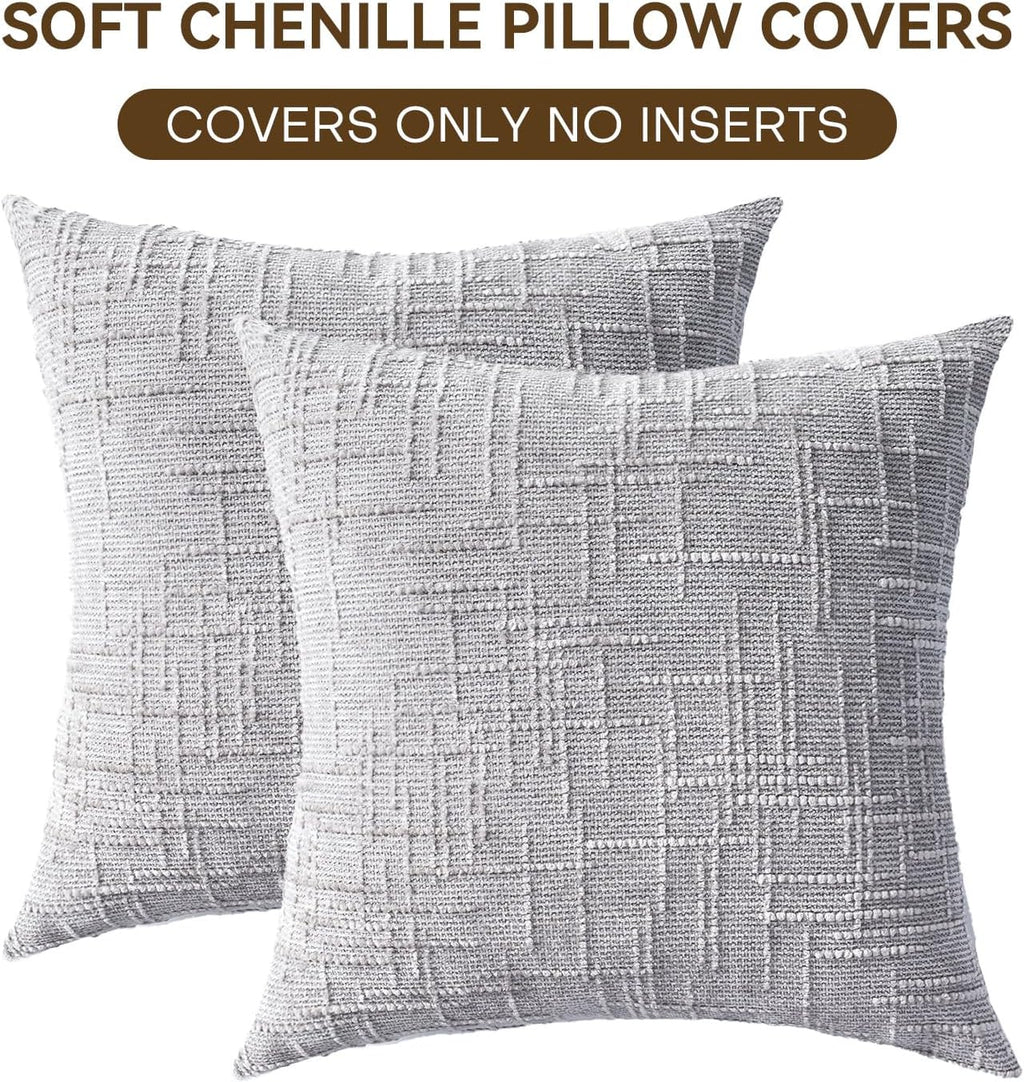 Decorative Throw Pillow Covers 20x20 Inch Set of 2, Soft Solid Farmhouse Chenille Couch Pillows, Spring Pillow Covers for Couch Sofa Bed Living Room Home Decor Pillowcase, Light Gray