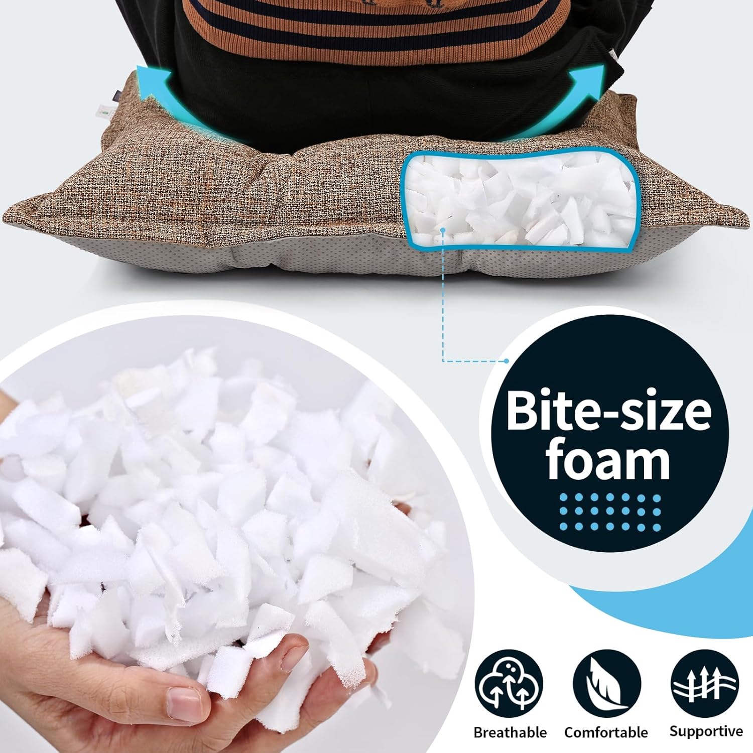 SINSOSSO Large Floor Pillows 22", Thickened Bite-Size Memory Foam Square Non-Slip Cushions for Office Back Support/Yoga/Chair Seat, Fashionable Color-Blocked Fabric & Washable, Light Brown, 2 PCS