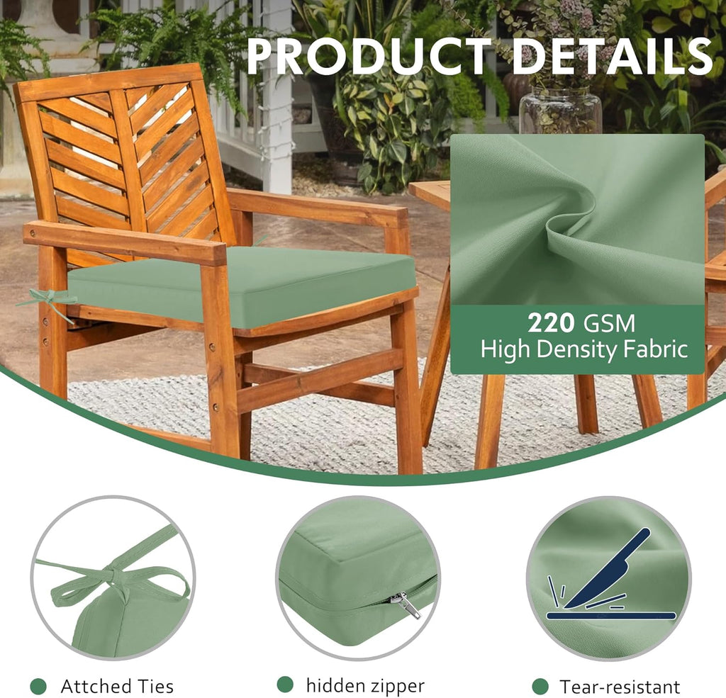 Outdoor Chair Cushions Set of 2: Waterproof & Fade Resistant Deep Seat Cushion for Patio Furniture - 24 x 24 Inch Chair Pad with Ties and Hidden Zipper - Patio Chair Cushion Replacement, Sage Green