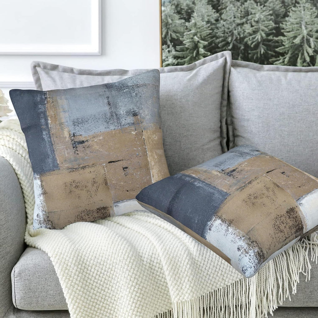 Throw Pillow Covers Grey and Brown Abstract Art Pillow Covers 16x16 Inch Set of 2 Throw Pillows Decorative Pillow Cases Cushion Covers for Bedroom Livingroom Sofa Farm House