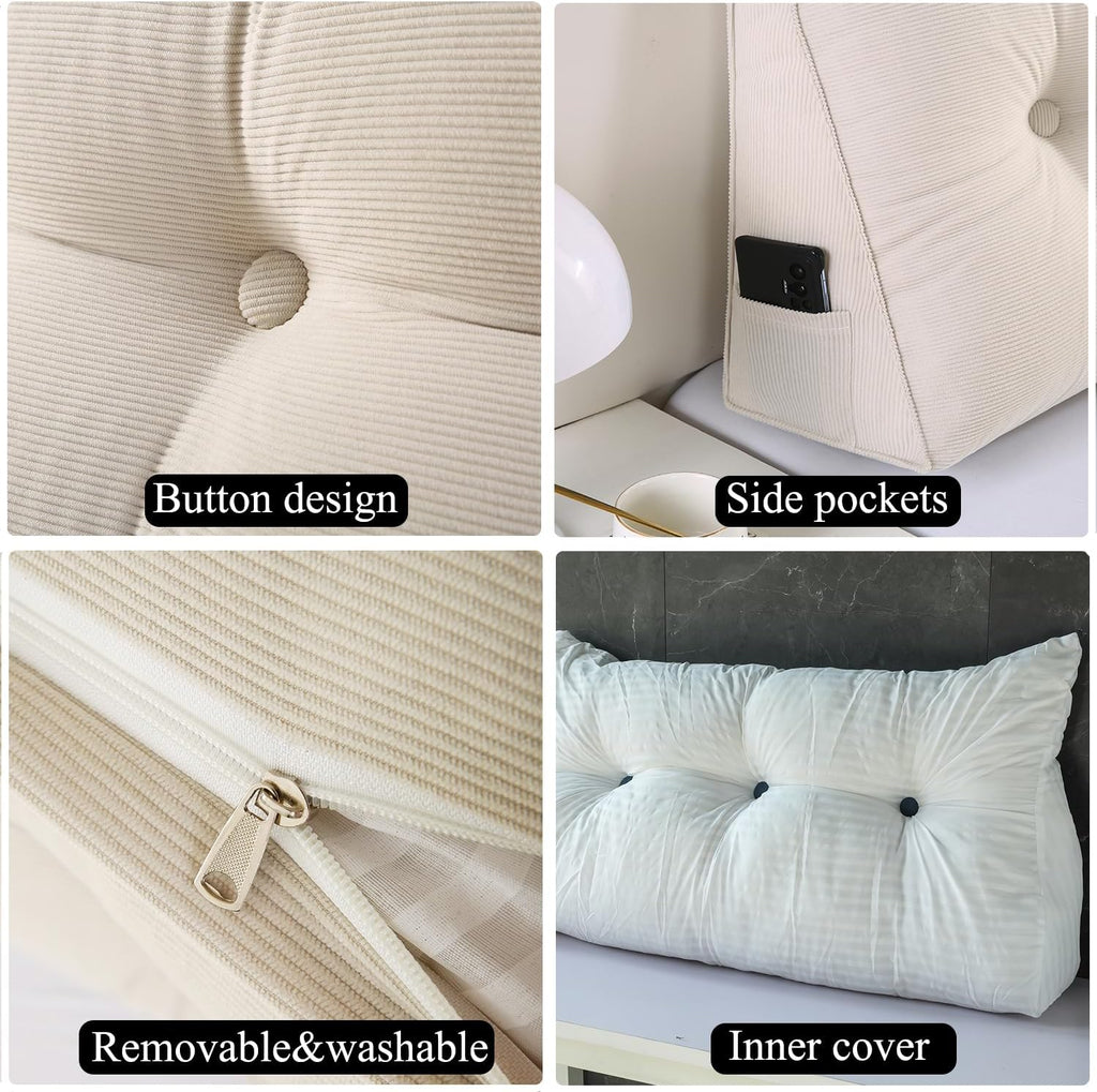 SAMTY Husband headboard Pillow Large Back Rest Support Reading Pillows for Sitting in Bed for Adults Triangle Velvet Wedge Pillow headboard Full Size, Beige