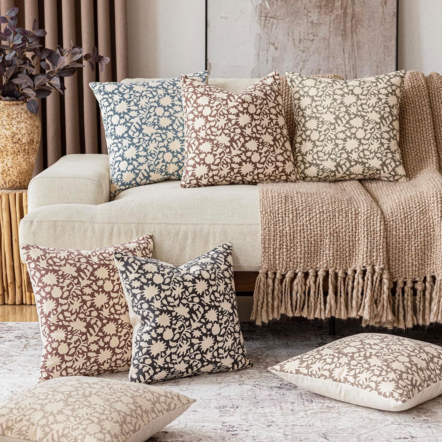 Foindtower Set of 2 Decorative Neutral Floral Throw Pillow Covers Accent Farmhouse Cushion Covers Boho Vintage Pillowcase for Couch Sofa Bedroom Living Room Home Decor,22×22 Inch,Dusty Blue