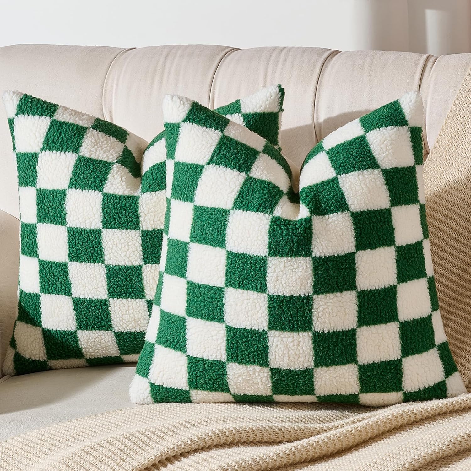 AmHoo Pack of 2 Decorative Throw Pillow Covers Checkerboard Luxury Super Soft Faux Fur Wool Set Case Cushion for Couch Sofa Bedroom 18 x 18-Inch Green