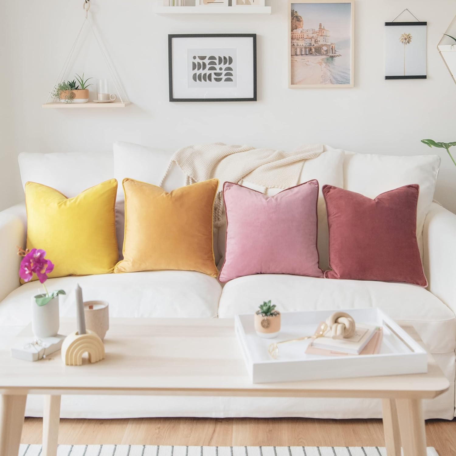 MONDAY MOOSE Decorative Throw Pillow Covers Cushion Cases, Set of 4 Soft Velvet Modern Double-Sided Designs, Mix and Match for Home Decor, Pillow Inserts Not Included (20x20 inch, Yellow/Pink)