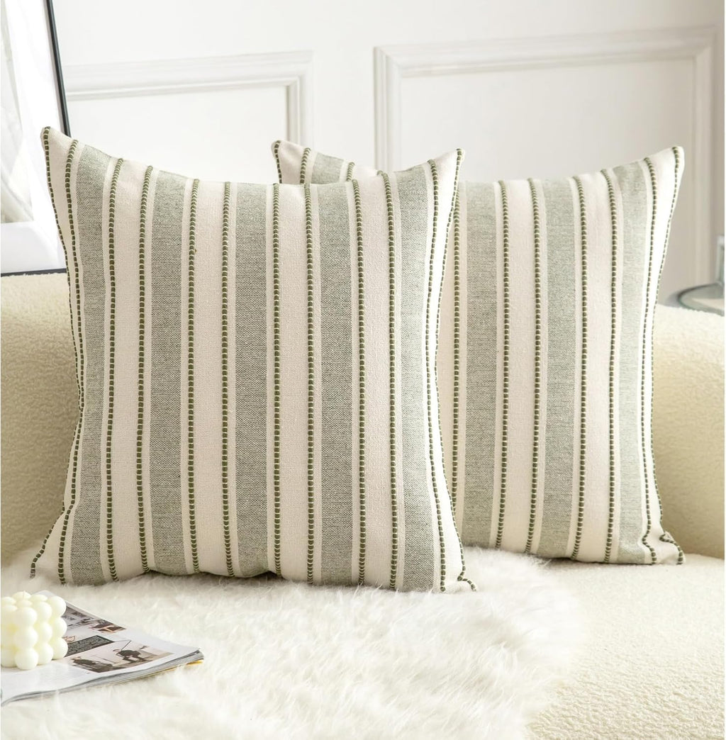 Decorative Boho Throw Pillow Covers, Farmhouse Textured Pillow Case, 20 x 20 Inch Set of 2, Chair Sofa Bedroom Living Room Home Decor Couch Cushion Case, Olive Green and Beige Striped