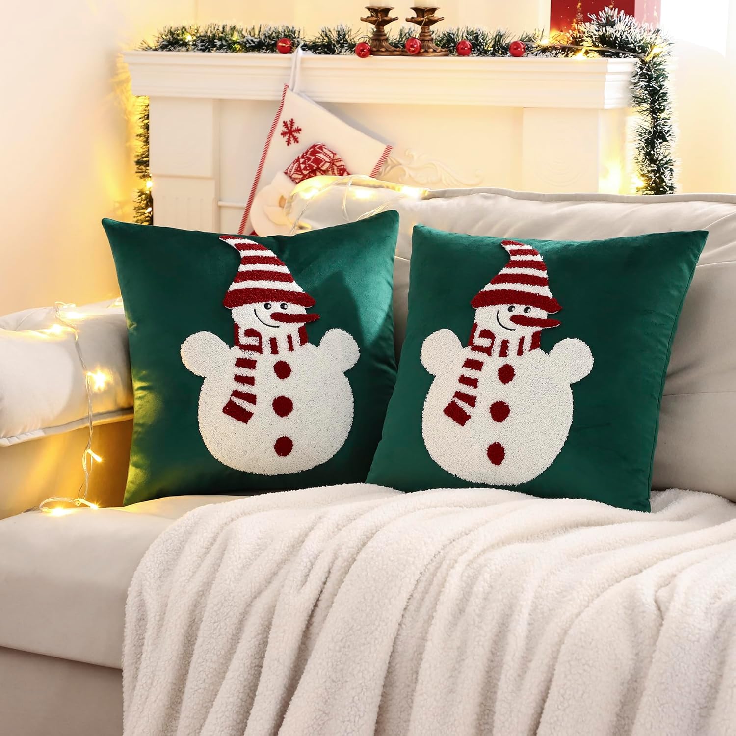 LUOYEHK Christmas Snowman Pillow Covers 18x18 Set of 2 Velvet Green Pillow Cases Winter Holiday Embroidered Cushion Covers for Couch Sofa Bed