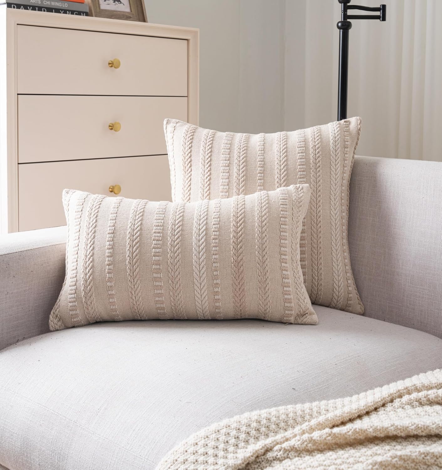 Boho Throw Pillow Covers 12x20 Inch Set of 2, Farmhouse Decorative Couch Pillow Cases, Beige Accent Pillows of Bed, Sofa Bedroom Living Room Home Decor Cushion Cover