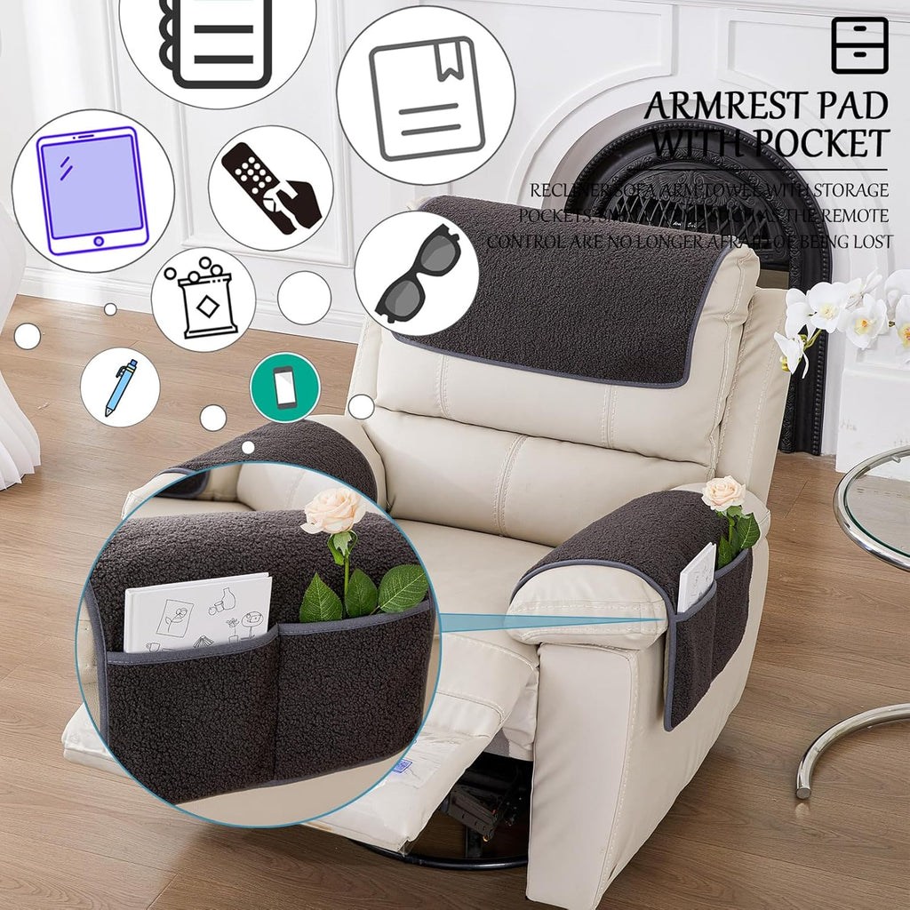Armrest Cover, Recliner Chair Protector, Furniture Protector Slip, Side Storage Pocket, Stretch Armchair Couch Arm Rest Cover for Recliner, Chair, Sofa (Dark Gray,3 Seater(5pcs))