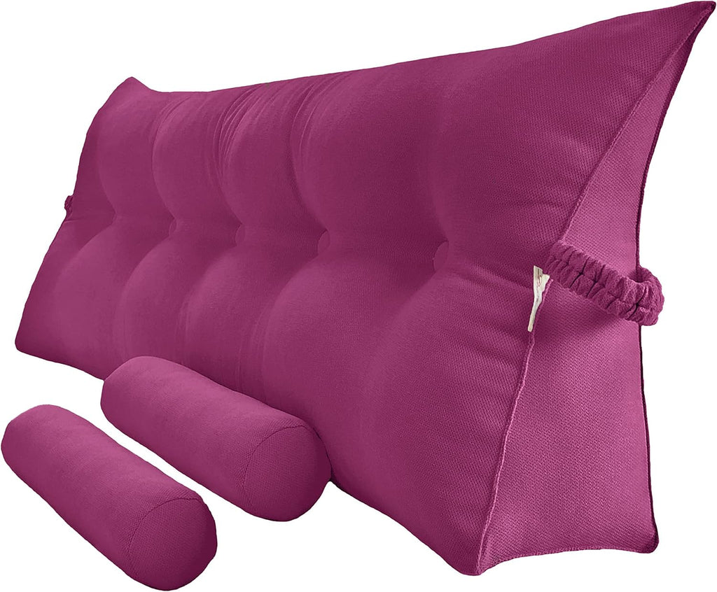 Triangular Reading Bed Rest Pillow Large Bolster Cushion Headboard Backrest Wedge Pillow with Two Detachable Roll Pillows for Neck & Lumbar Support (Magenta, King: 77 x 8 x20 inches)