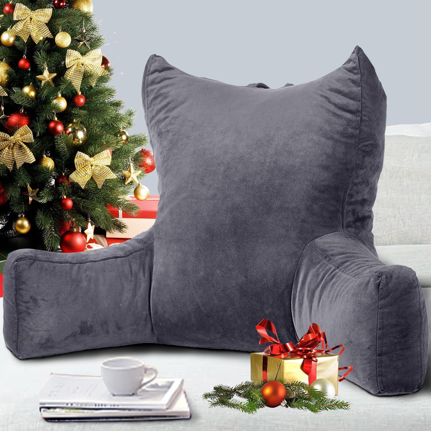 Neustern Reading Pillow for Sitting in Bed Adult, Back Pillow for Bed Shredded Memory Foam Chair Pillow with Arms and Pockets, Backrest and Support with Washable Cover for Watching TV/Gaming/Relaxing