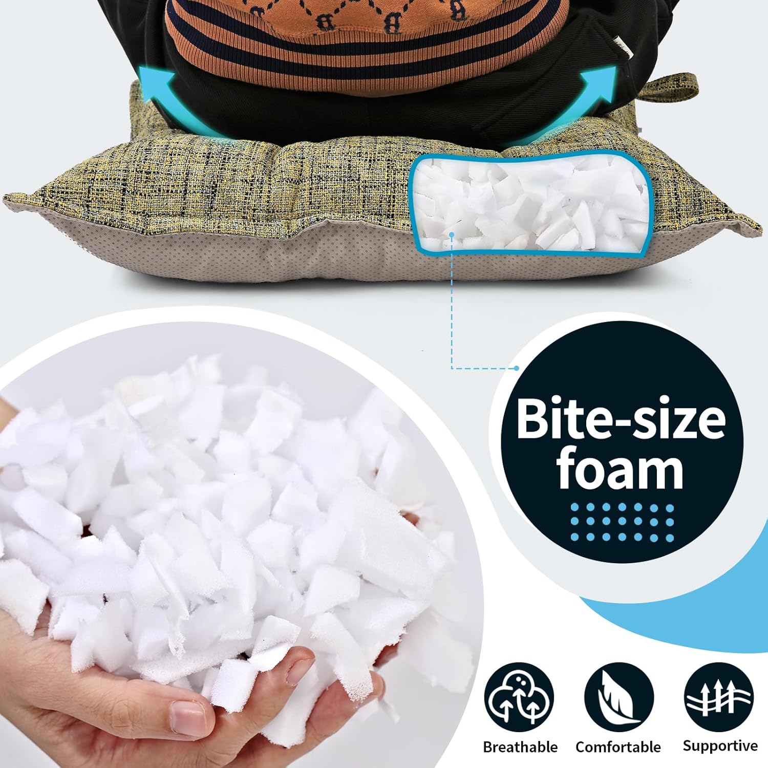 SINSOSSO Large Floor Pillows 22", Thickened Bite-Size Memory Foam Square Non-Slip Cushions for Office Back Support/Yoga/Chair Seat, Fashionable Color-Blocked Fabric & Washable, Yellow, 2 PCS