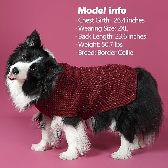 KYEESE Dog Sweater for Large Dogs with Leash Hole Warm Pullover with Reflective Yarn Male Thick Stretchy Knitwear Winter Soft Pet Coat boy for Cold Weather Comfy Dog Sweaters, Dark Red, XX-Large