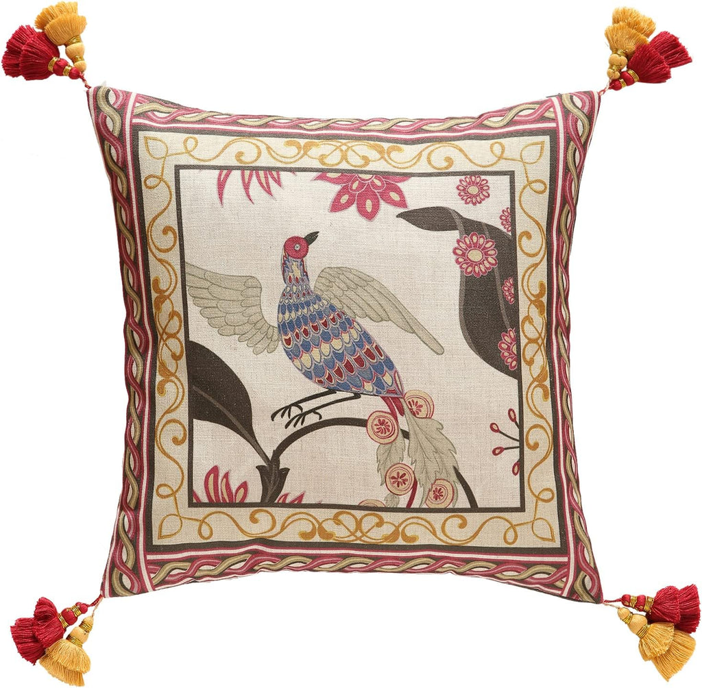 patdrea Designer Throw Pillow Cover 18"x18",Vintage Bird and Floral Pattern Linen Pillows Cover with Red and Yellow Pendant Charms,Square Decorative Pillowcases for Couch Bed Living Room Outdoor