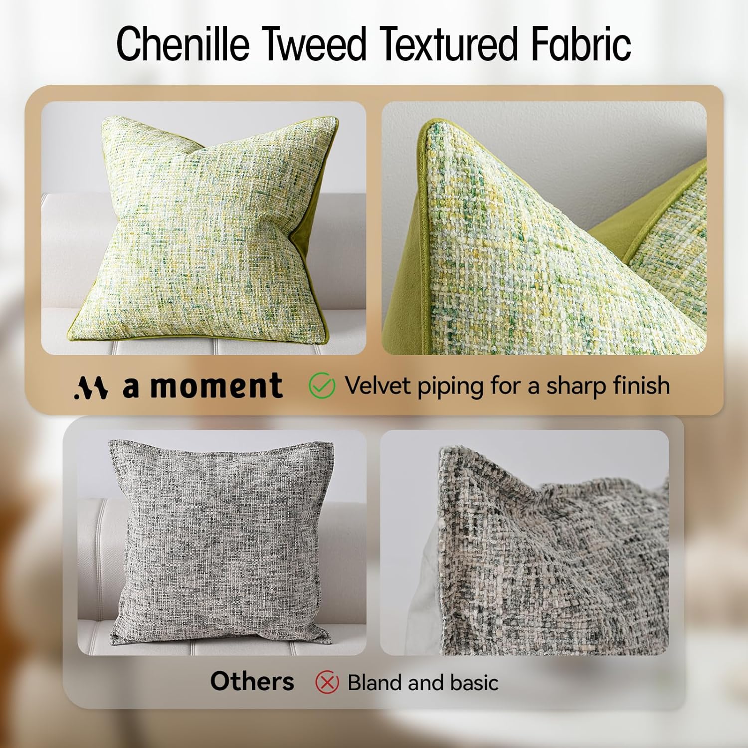 a moment Green Reversible Pillow Covers 2 Pack - Farmhouse Chenille Throw Pillows, Neutral Textured Decorative Throw Pillow Covers with Border for Couch Sofa Bed (12x20 Inch, No Insert)