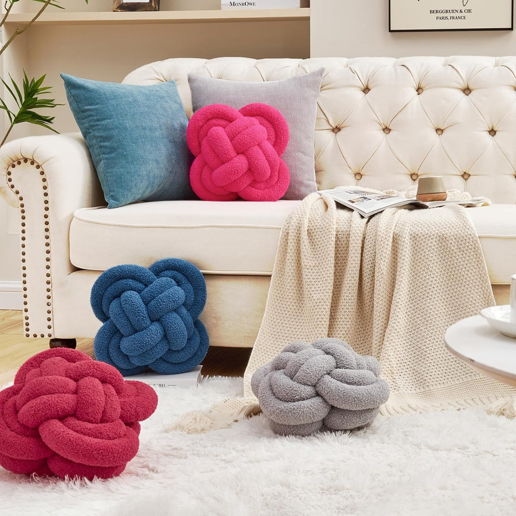 Xiashrk Knot Pillow Ball, 12" Soft Decorative Throw Pillows for Couch Bed, Wine Red Knotted Plush Throw Pillow Handmade Square Cushion Home Couch Decor Pillows for Living Room