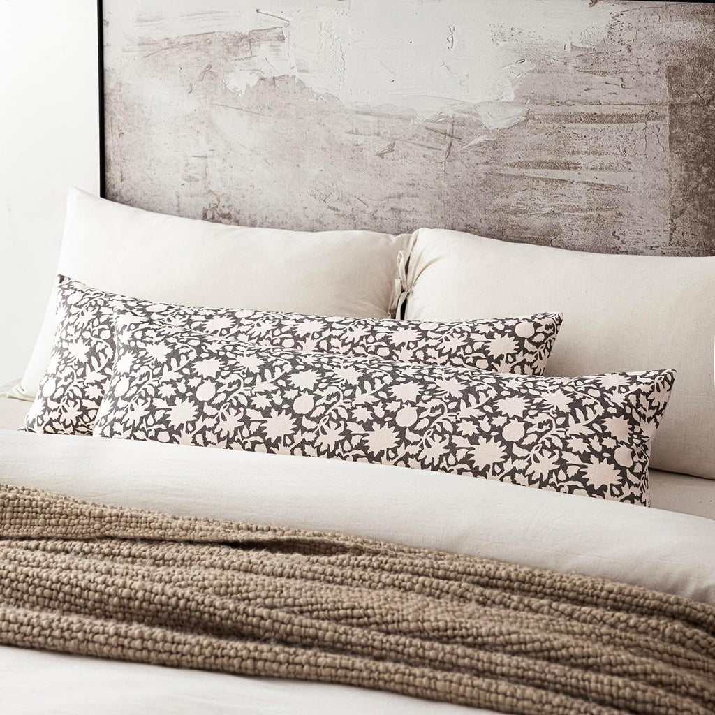 Foindtower Set of 2 Decorative Long Body Lumbar Throw Pillow Covers Accent Farmhouse Cushion Covers Boho Floral Pillowcase for Couch Sofa Bedroom Living Room Home Decor,14×36 Inch,Rustic Gray