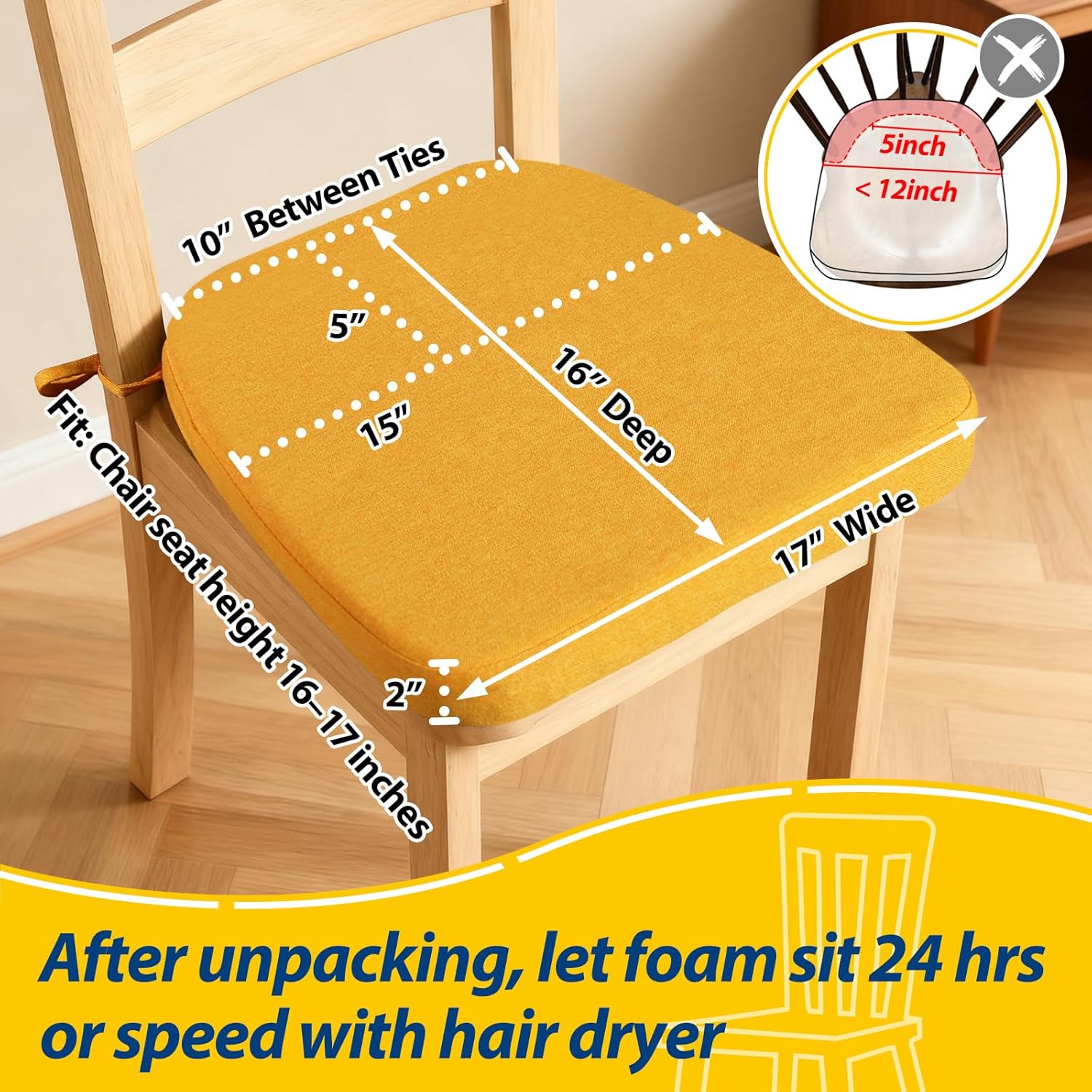 AAAAAcessories D-Shaped Chair Cushions, 2" Thick Dining Chair Pads with Ties and Removable, Machine-Washable Cover, 17" x 16", Set of 4, Golden Yellow