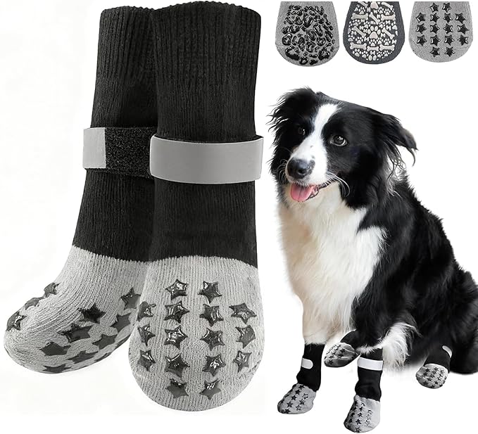HeavenEye Dog Socks for Hardwood Floors, Anti Slip Dog Paw Protectors Shoes, Maximum Grip Prevent Licking Paws Slipping Hot Cold Pavement Boots for Small Medium Large Senior Dogs(Black Star, S)