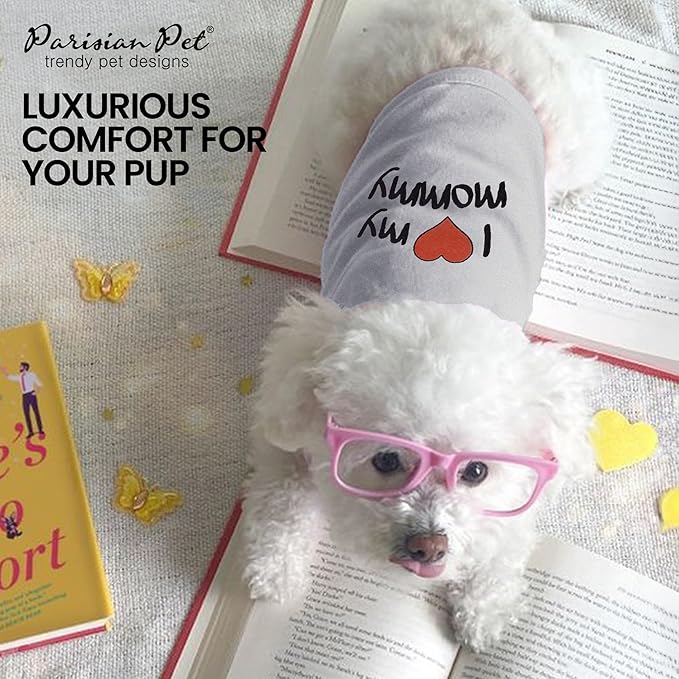 Parisian Pet Unisex Dog T-Shirt with Embroidered 'I Love My Mommy' Words - 100% Cotton, I Love My Mom Shirt - Sleeveless Pet Vest - Grey Dog Shirts for Large Dogs, 4XL