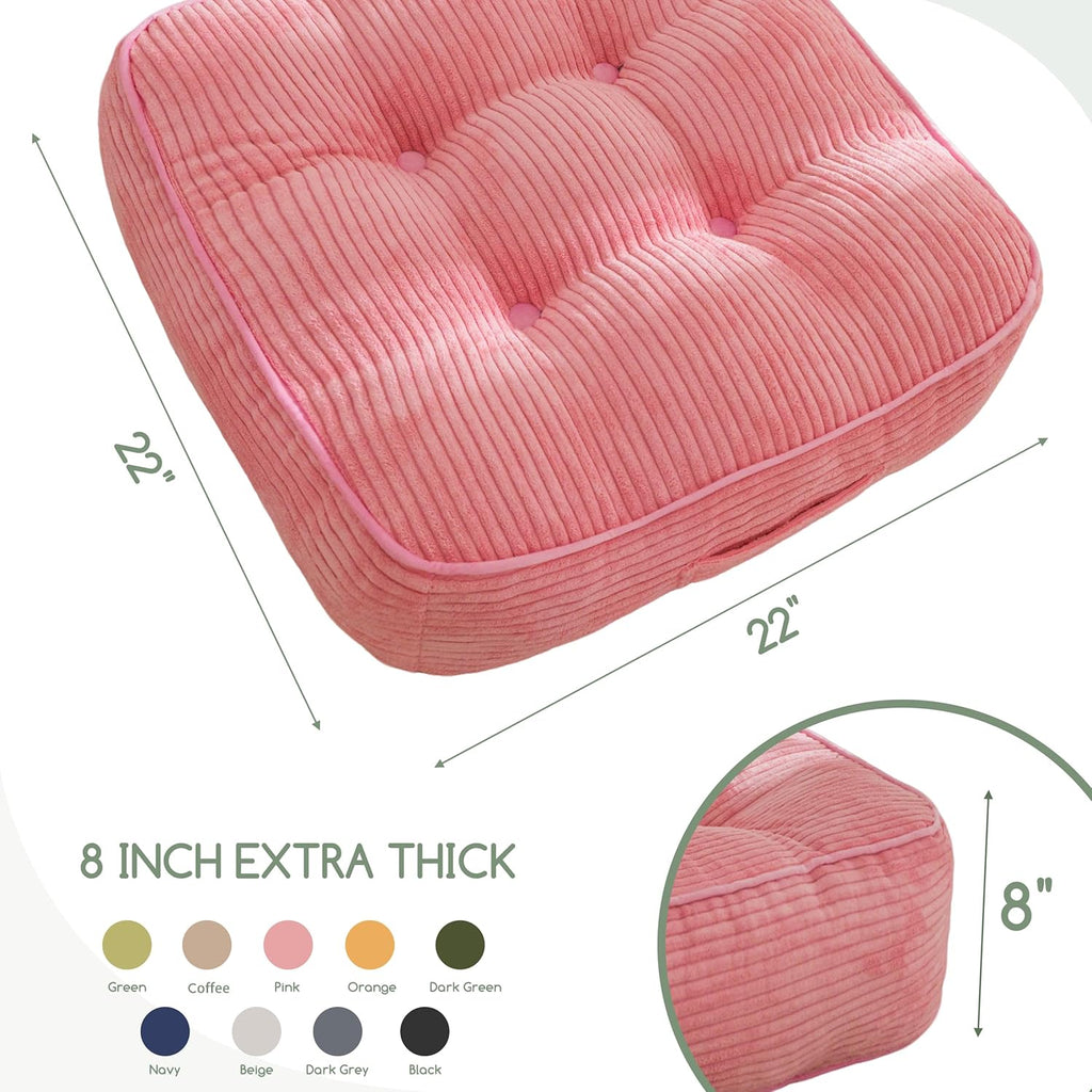 8" Washable Floor Pillow Cushion for Adults, Meditation Cushion Pillow, Large Square Floor Sitting, Removable Tufted Corduroy Cover, for Tatami Living Room or Yoga, 22x22 Inch, Machine Washable