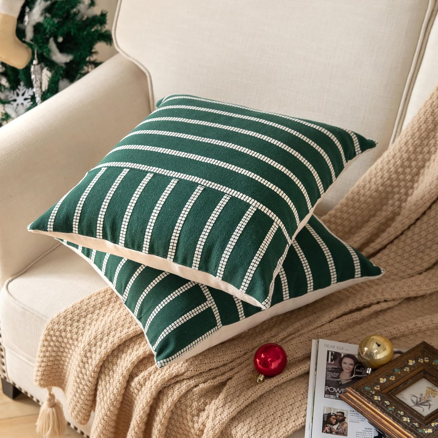 Caflife Boho Throw Pillow Covers 18x18 Set of 2 Soft Farmhouse Decorative Couch Pillow Cases Dark Green Striped Pillow Covers Neutral Cushion Covers for Sofa Bed Living Room Home Decor