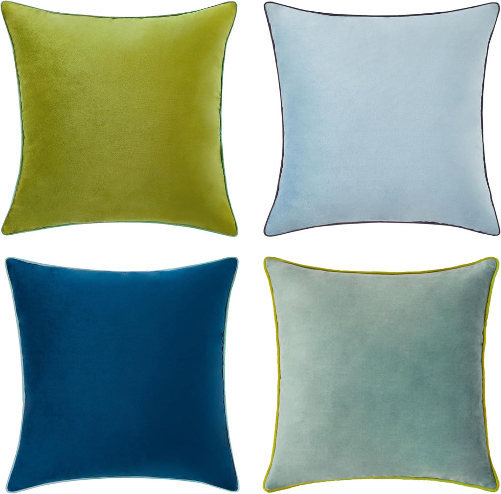 MONDAY MOOSE Decorative Throw Pillow Covers Cushion Cases, Set of 4 Soft Velvet Modern Double-Sided Designs, Mix and Match for Home Decor, Pillow Inserts Not Included (14x14 inch, Green/Blue)