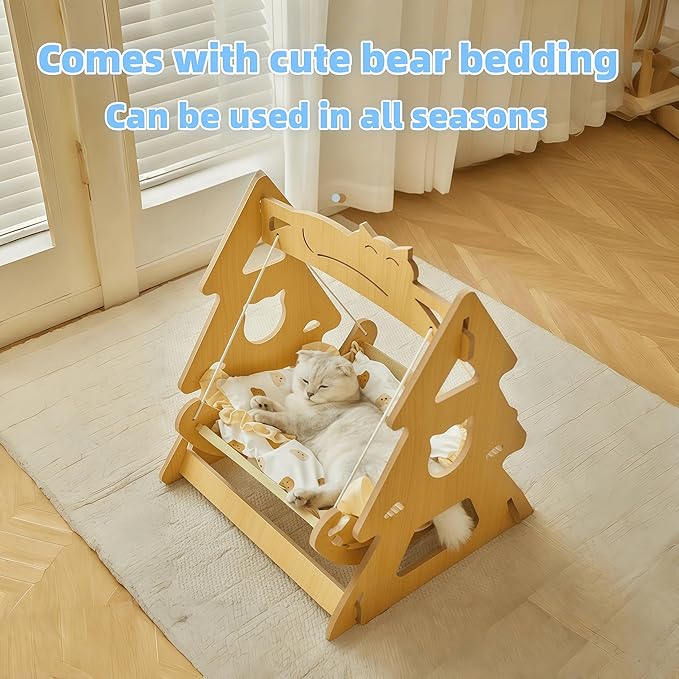 2 in 1 Wooden Cat Hammock, Comfortable and Breathable Hanging Cat Bed with Soft Mattress and Pillow，Suitable for Cats or Small Dogs