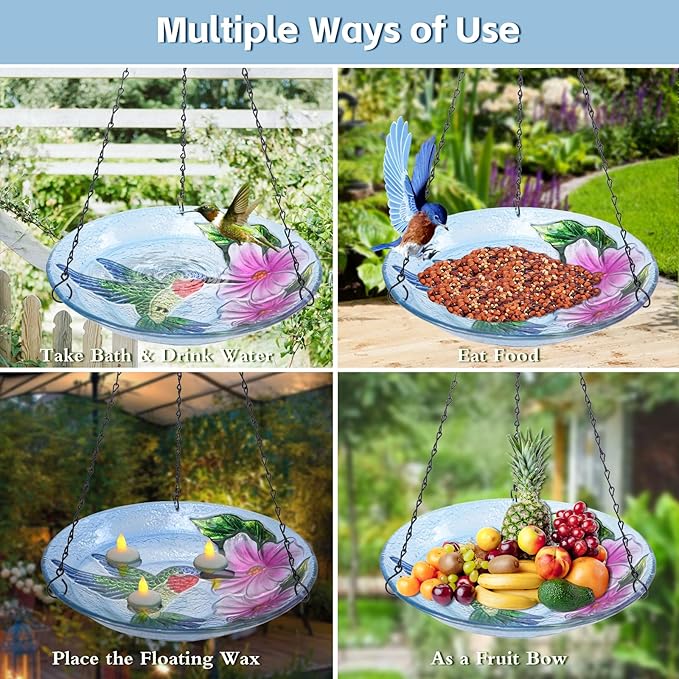 MUMTOP Hanging Bird Baths for Outdoors - Glass Bird Bath, 11 Inch Hanging Bird Bath Hummingbird Bird Feeder Bowl for Outside, Garden, Lawn Yard Decor