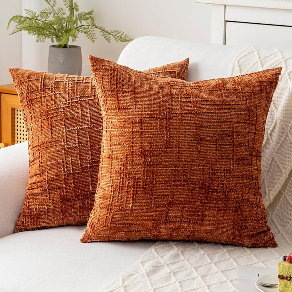 Decorative Throw Pillow Covers 22x22 Inch Set of 2, Soft Solid Farmhouse Chenille Couch Pillows, Spring Pillow Covers for Couch Sofa Bed Living Room Home Decor Pillowcase, Rust