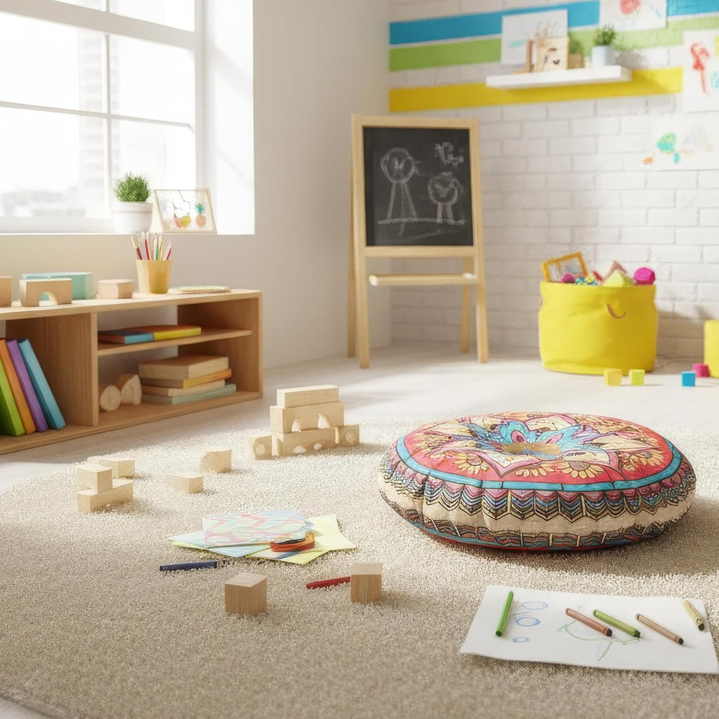 Mandala Round Floor Pillow - 16x16 inch Reversible Cotton Linen Meditation Cushion for Yoga, Balcony & Patio Decor (Colorful)