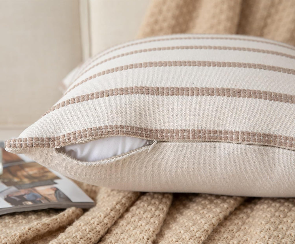Caflife Boho Throw Pillow Covers 20x20 Set of 2 Soft Farmhouse Decorative Couch Pillow Cases Beige Striped Pillow Covers Neutral Cushion Covers for Sofa Bed Living Room Home Decor