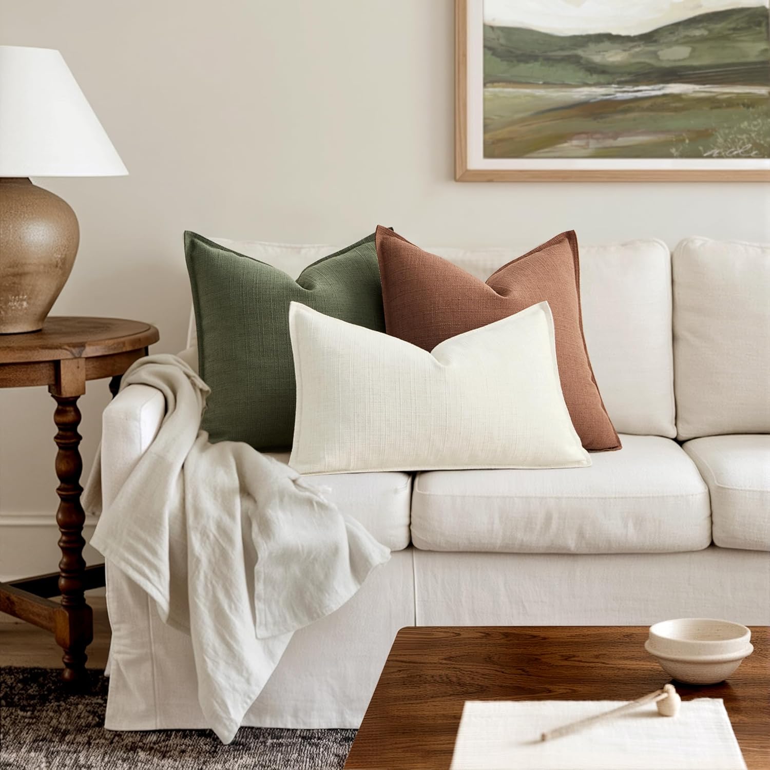 MIULEE Decorative Pillow Covers 18x18, 2 Pack Boho Farmhouse Neutral Throw Pillows for Couch, Terracotta Thick Textured Modern Linen Cushion Cases Sofa Bed Living Room Home Decor, Rust