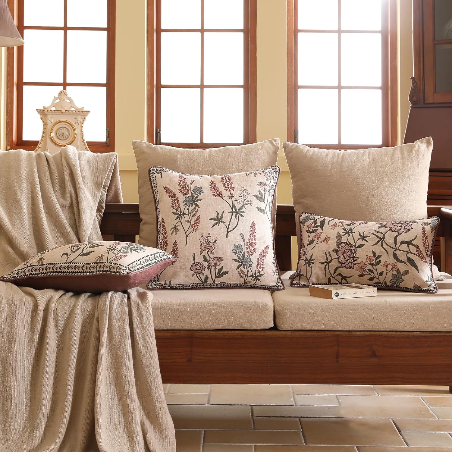 ISAENNE Design Linen Vintage Throw Pillow Covers 18"x18", Square Cushion Covers with Blue Pink Flowers Green Leaves Pattern Decoration Pillowcases for Bed,Living Room,Outdoor,Car