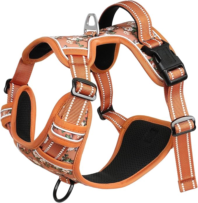 HEELE Dog Harness, No Pull Adjustable Padded Reflective Harness for Small Medium Large Dogs with Handle for Walking Training, Flower-Orange,XL