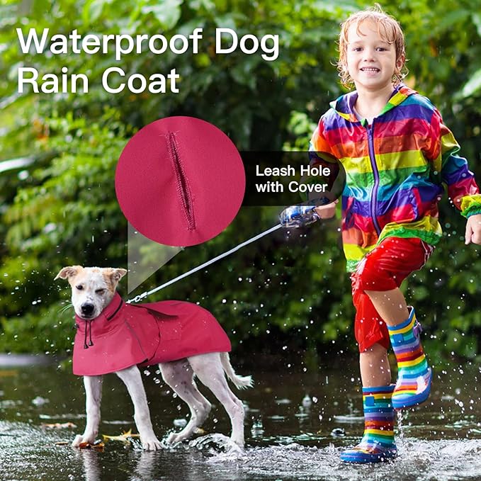 Large Dog Raincoat, Reflective Waterproof Rain Jacket with Convertible Hood/Collar, Lightweight Adjustable Dog Poncho with Leash Hole Full Coverage (Neon Pink, L)