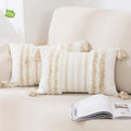 decorUhome Decorative Boho Throw Pillow Covers 12x20 Set of 2, Lumbar Accent Neutral Textured Tufted Pillow Covers Striped for Couch Bed Sofa Living Room, Khaki and Cream White