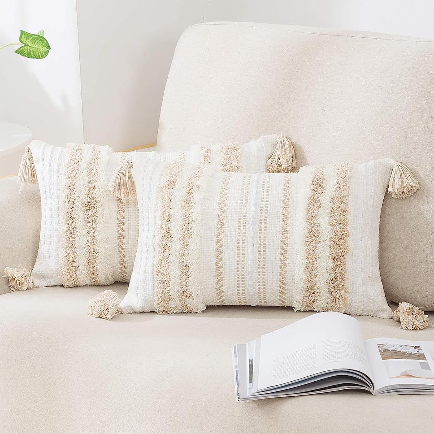 decorUhome Decorative Boho Throw Pillow Covers 12x20 Set of 2, Lumbar Accent Neutral Textured Tufted Pillow Covers Striped for Couch Bed Sofa Living Room, Khaki and Cream White