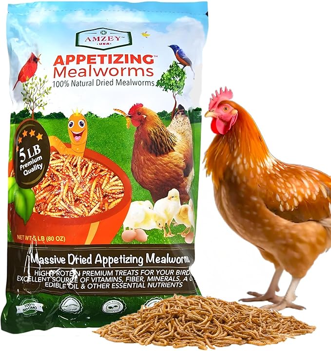 Amzey Appetizing Mealworms 5 LBS- 100% Non-GMO Dried Mealworms - Large Meal Worms - High Protein Treats- Perfect Mealworm for Chickens, Ducks, Turtles, Blue Birds, Lizards - Bag of Mealworms 5 LBS