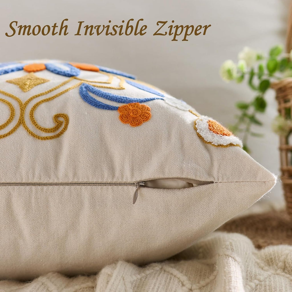 Embroidered Throw Pillow Cover 20x20 Classic Boho Floral Pattern Pillows Cover Outdoor Decorative Pillowcase,Durable Cozy Textured Cushion Case for Sofa Couch Bed Living Room,Orange Blue