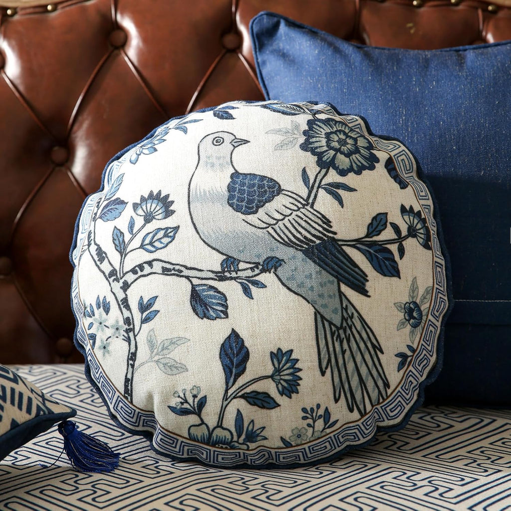 Chinoiserie Throw Pillow Covers,Classic Blue and White with Birds Pattern Linen Pillowcases,Decorative Round Cushion Covers for Couch Bed Car,Diameter 16"