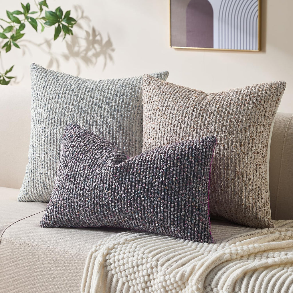Decorative Lumbar Pillow Cover 12x20 Purple Striped Soft Wool Lumbar Throw Pillow Neutral Textured Boho Cushion Covers for Modern Farmhouse Sofa Bedroom Living Room Decor SY011-E12