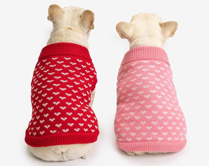 2 Pack Dog Sweater Winter Warm Clothes - Heart Soft Puppy Small Thickening Turtleneck Sweatshirt for Chihuahua, Bulldog, Dachshund, Pug, Yorkie (XS, Pink, Red)