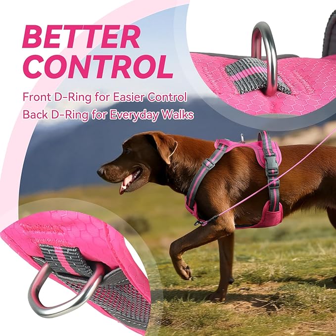 VIVAGLORY Dog Harness Easewalk No Pull Dog Harness with Handle & Front Back Clip for Training Lifting, Easy On Adjustable Padded No Pull for Pet & Puppy, M, Pink